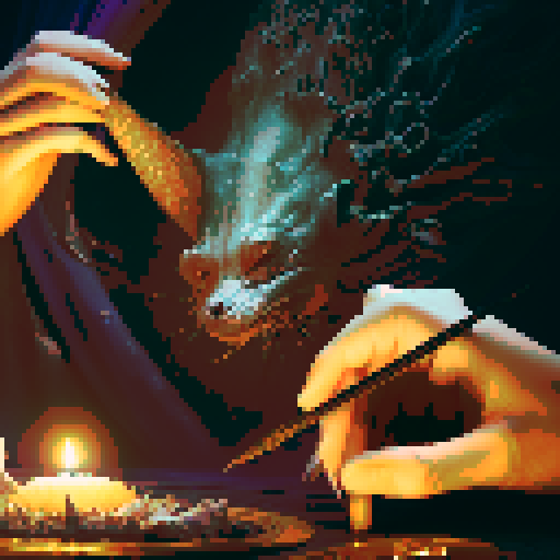 A close-up of a woman's hands over a table during a tarot card reading in a medieval dark style. The table is adorned with elements of the ocean such as sea shells, sand, and small pieces of coral. The atmosphere is mystical and dimly lit, with candlelight casting shadows that enhance the eerie and magical mood.