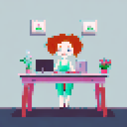 cute, curly redhead with green eyes, smiling, cleavage, head phones, pink and black dress, sitting at gaming desk with grey cat, pixel art, wide shot, in a room with plants and stuffed animals behind her, paintings on the wall, sRGB