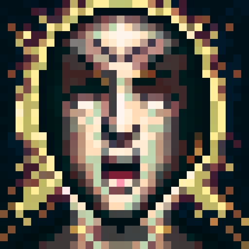 Swords holder with grey eyes, light brown hair, intense expression, character portrait, close up, anime style, pixel art