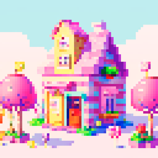 candy house with lollipop trees, pastel colors