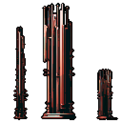 I want a tall vertical copper structure reminiscent of a organ pipe. It should have strange mechanical details that could interlock with each other. I also want this object usable an asset in a videogame, meaning only one object per image, outlined with a strong black stroke, on a solid-color background.