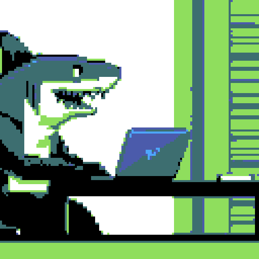 shark typing at a laptop, retro pixelated design, vibrant sRGB colors