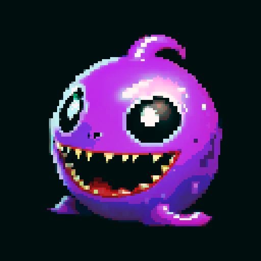 A sinister, venomous slime with a deep purple color and a slick, glossy surface. It has sharp, predatory eyes and an evil smirk, with venomous bubbles swirling within. No background.
