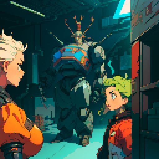 fat mad scientist, facing left, full-body image, exaggerated features, pixelated details, giant robot, mechanical limbs, robot workshop backdrop, sRGB color palette