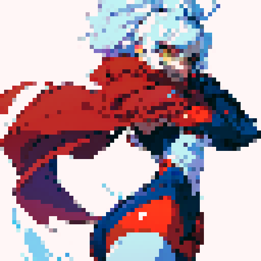 anthropomorphic fox woman reploid, white hair, yellow eyes, red helmet, blue headstone, white tail, clawed feet, sRGB, pixel art