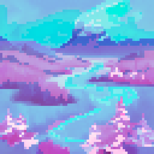 billowing northern lights over icy tundra and pines neon blue and pink