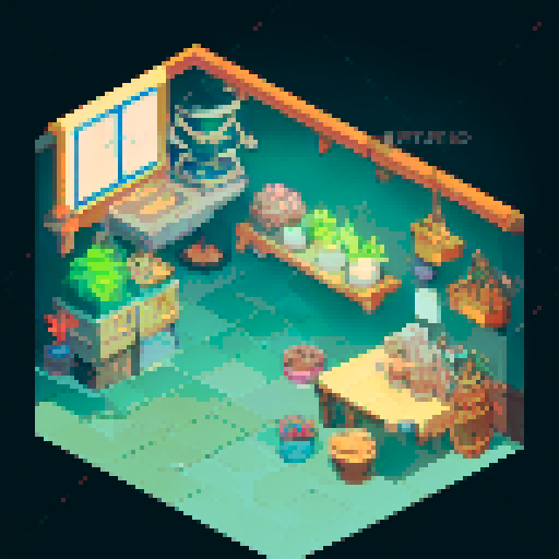 isometric view of a cyberpunk-styled store. Set at night time.
