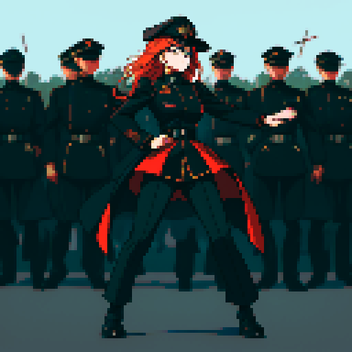 full-body image, military general woman, black uniform, black hat, evil, facing left, ready to fight, war background, battlefield, warfare