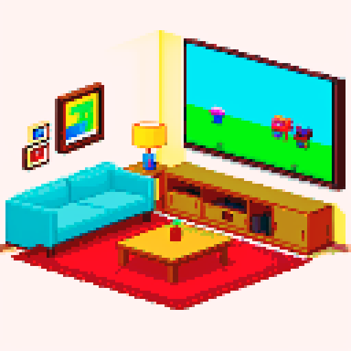 cozy living room, widescreen TV, pixel art, carpet, sRGB