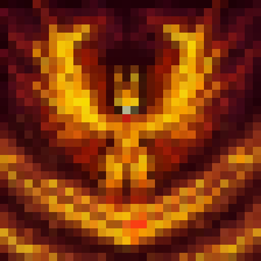 Ninetails fox, fiery orange fur, nine tails swishing around, surrounded by autumn leaves, skillfully drawn in 32x32 pixel art.