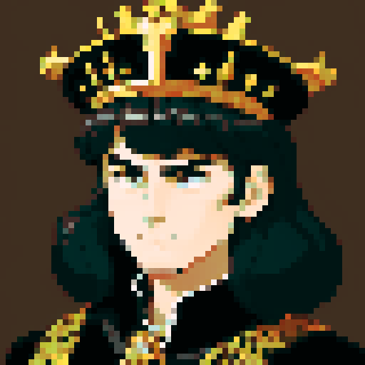 king, regal, black metall crown, black crown, majestic, stoic expression, sharp features,  royal robe, intricate embroidery, game icon, 32x32 pixel art, sRGB, skill art, close up, portrait, golden hairs