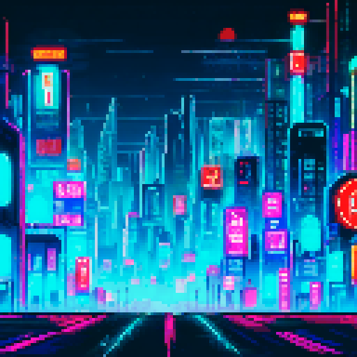 Glowing neon signs, towering skyscrapers, and flickering streetlights illuminate the cyberpunk cityscape as it stretches endlessly into the night, all in stunning pixel art