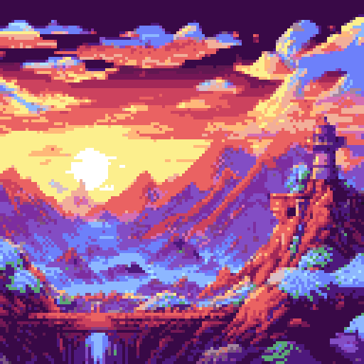 Pokemon, Chrono Trigger, vibrant colors, detailed sprite, towering mountains, flowing rivers, ocean, lighthouse, retro charm, pixelated characters, whimsical creatures, magical abilities, epic adventures, nostalgic journey, sRGB, pixel art, background, landscape