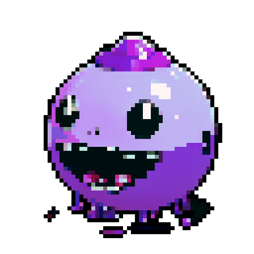 A dangerous slime with a toxic purple hue, emitting a faint glow. It has sharp, sinister eyes and a menacing expression, with toxic bubbles inside. No background.
