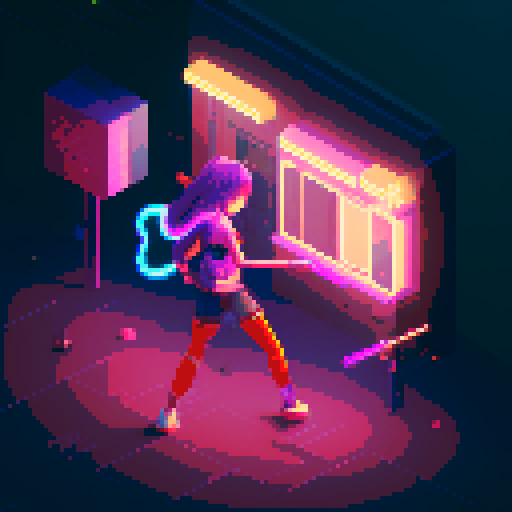Street Mage anime girl with flowing hair, fluorescent tattoos, and a pixelated sniper rifle, navigating through a purple neon-lit night market and an sRGB glow
