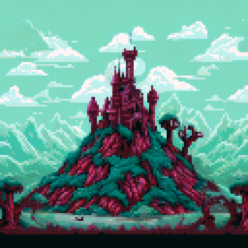 evil medival fantasy landscape, dead trees on floor, wasteland, jagged rocks, evil tower in background, sRGB, pixel art, background, landscape