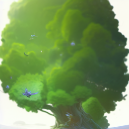 Topdown, bird's perspective, Ancient, sprawling oak tree with tendrils snaking down towards the forest floor, surrounded by glowing faerie orbs and guarded by a trio of armored knights on horseback in a fantastical RPG style.