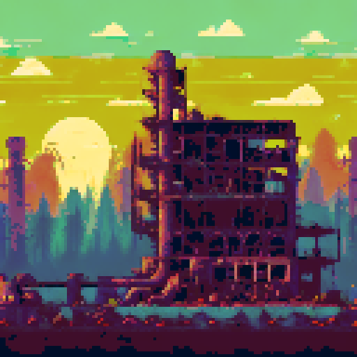 post-apocalyptic factory, hidden in the woods, abandoned machinery, rusted pipes, overgrown vines, decaying buildings, shattered windows, eerie silence, nature reclaiming, vibrant pixelated colors, sRGB palette, atmospheric landscape
