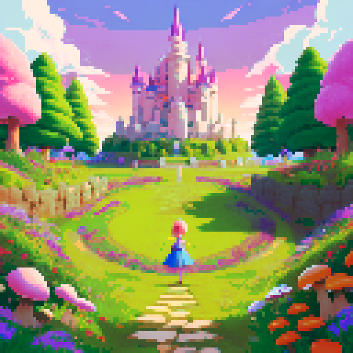 A magical battle arena with a slightly tilted grassy battlefield in the foreground, sloping upward into the distance. The bottom-left corner is clear for the player's perspective, while the middle-right shows vibrant mushrooms, glowing flowers, and the path leading toward a tall, enchanting castle in the background. The entire scene is framed by luminous trees and pastel skies, blending whimsy with balance.