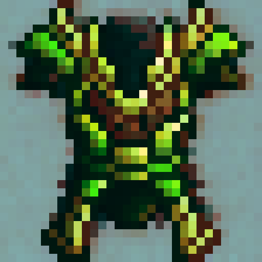 Vine-wrapped druid armor with earthy brown and vibrant green hues, featuring intricate leaf patterns and a minimalist, pixelated design perfect for a 32x32 game asset