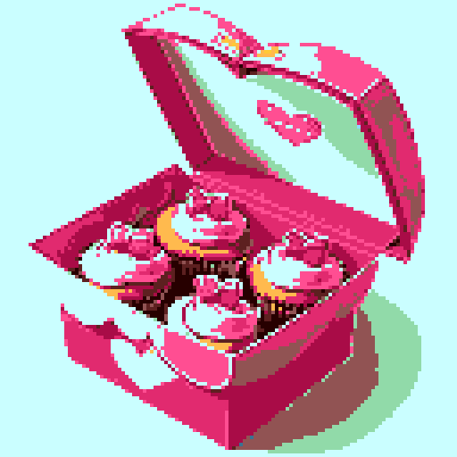 Box of Valentine's Day chocolates, specifically shaped like cupcakes with intricate details such as pink frosting and decorative toppings. Charming and romantic theme. The cupcakes within the box should exhibit a variety of delightful designs, no background, pixel art.