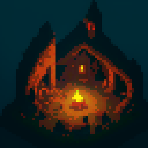 campfire surrounded by flickering shadows, torches illuminating a dimly lit dungeon, stone walls adorned with intricate pixel art, a cozy resting place amidst the eerie atmosphere