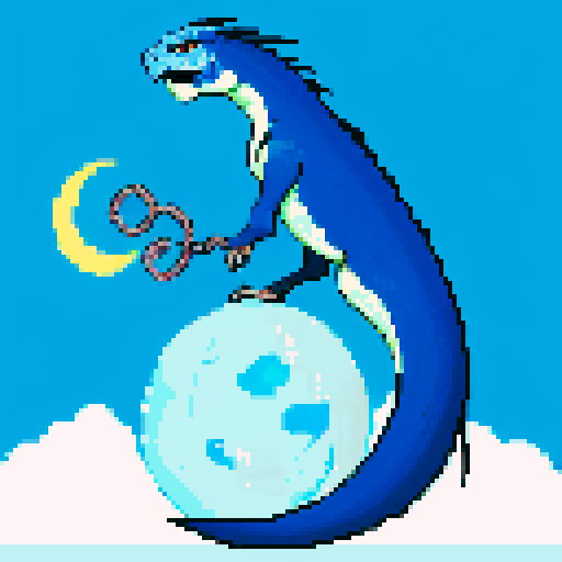 blue and white basilisk, moon gazing, dream of reaching, pixel art, sRGB