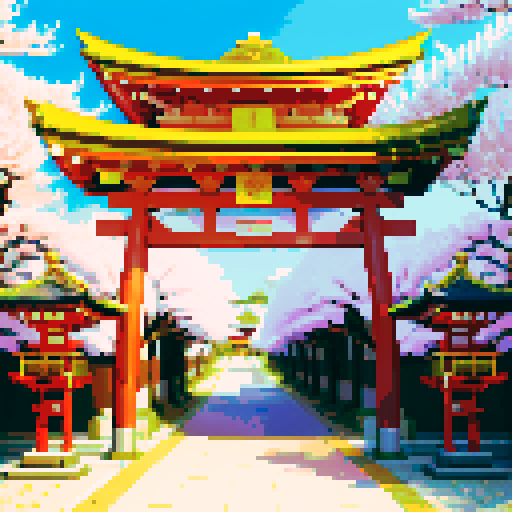 shiny silver shinto shrine, vibrant cherry blossom trees, traditional architecture with intricate details, shinto torii gate adorned with shiny silver decorations, a pixel art shiny silver box positioned behind the gate, shiny silver lanterns illuminating the scene in sRGB colors