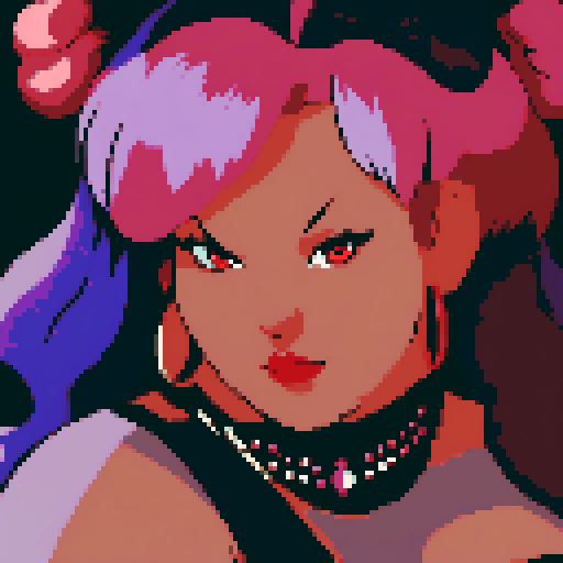 Plus size curvy, cute, busty greaser goth girl, with purple hair, black eyeshadow, red lipstick. Large breasts. Wearing studded collar. Posing for sexy glamour shot. whole head portrait, avatar photo. vibrant sRGB colors, pixel art, edgy aesthetic