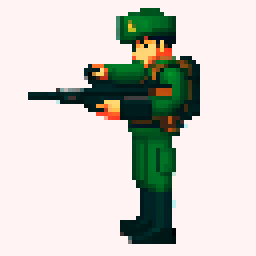 solider, gun pointing up, looking up 