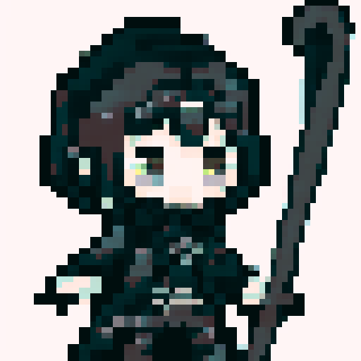chibi, 1girl, Angel of death, pale skin, black wings, black hair, hood, cloak, stoic expression, holding scythe, cute