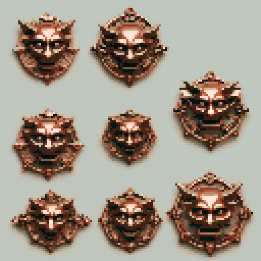 simple, geometrical pieces copper from old door knocker and gargoyles. Steampunk. It should be seen as if on a wall, with no perspective, on a solid-color background. There should one be two or three pieces in each frame, it shouldn't be complete.