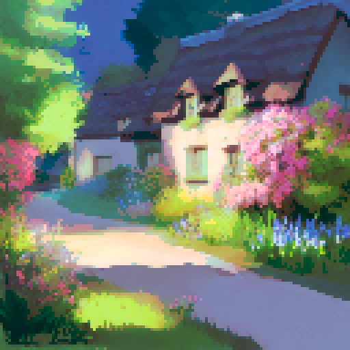 an adorable cottagecore cottage with a winding path and garden of wildflowers limited colors