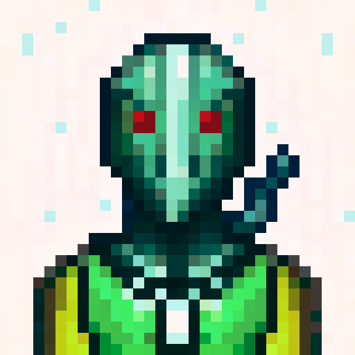 armoured knight, shining silver, intricate details, battle-worn, fierce expression, heroic stance, glowing red eyes, weathered leather straps, polished steel plates, engraved symbols, shadowed background, dramatic lighting, pixelated beauty, limited color palette, captivating pixel art