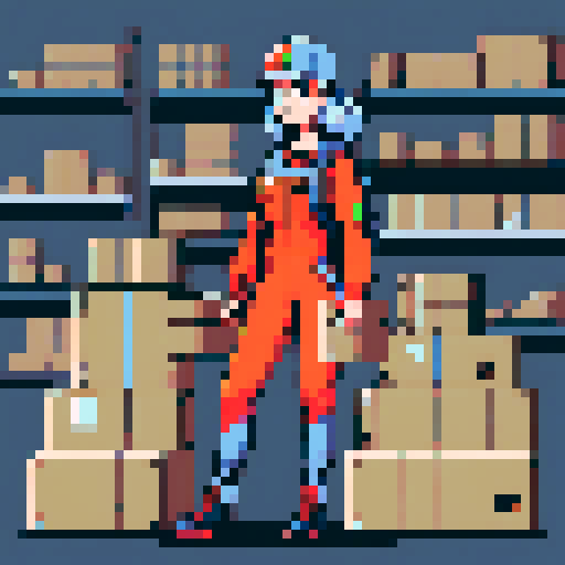 young, female warehouse worker, Amazon Germany, pixel art