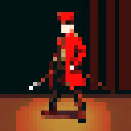 steampunk young man, red coat, red hat, 2D game stance, pixel art, sRGB, full body