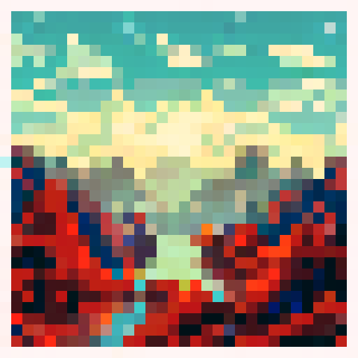 A majestic mountain range with jagged peaks looming over a tranquil, crystal-clear lake surrounded by vibrant autumn foliage, all rendered in a pixel art style with a vibrant sRGB color palette