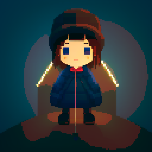 Night city street light background, profile picture, young girl, smile, rounded face, blue eyes, short black hair, brown jacket, beige hat, facing directly