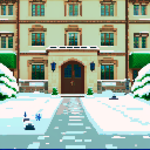 Snowy area, front of boarding school, gate