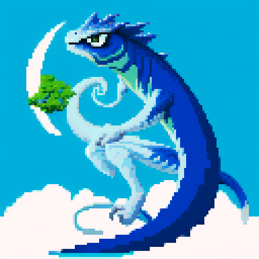blue and white basilisk, moon gazing, dream of reaching, pixel art, sRGB