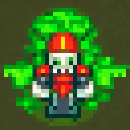 Skeleton warrior sprite holding a glowing sword, standing on a mossy stone platform surrounded by bubbling lava and ominous shadows