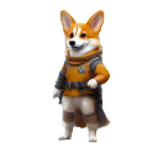 Corgi adventurer in explorer costume, wielding a lens, standing atop a mountain.