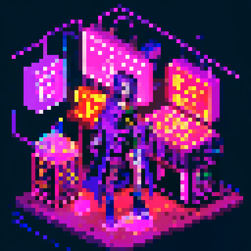 magic mage cyberpunk girl with vibrant purple hair, glowing tattoos, and a flowing cloak, surrounded by holographic neon signs and futuristic market stalls, all rendered in pixel art with a vivid sRGB color palette