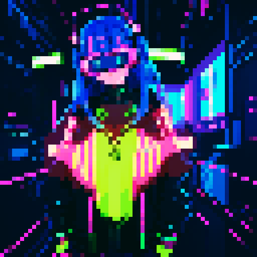 cyberpunk anime girl hacker, vibrant neon colors, futuristic cityscape backdrop, glitchy pixel art aesthetic, 16-bit animation style, glowing LED tattoos, pixelated holographic interface, electric blue hair, cybernetic augmentations, glowing cyber eyes, virtual reality headset, digital code flowing around her, futuristic cyberpunk fashion