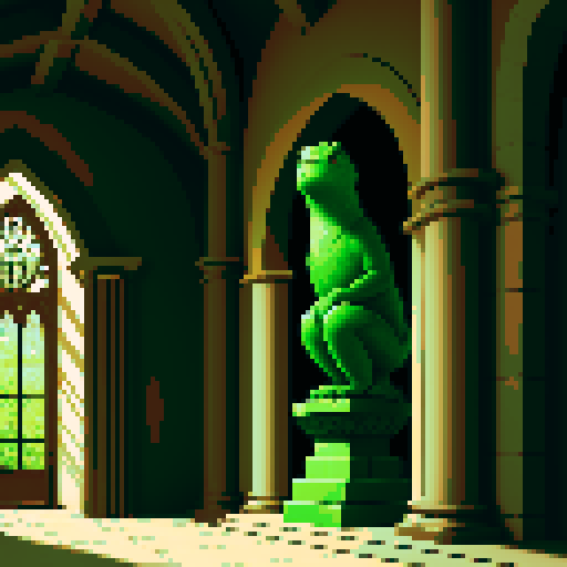 a live green basilisk surrounded by stone statues in a castle hall