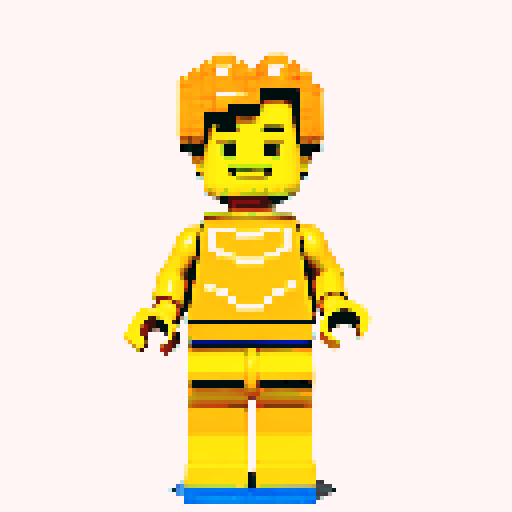 lego pixel, vibrant colors, blocky shapes, small plastic bricks, isometric perspective, retro video game, low resolution, 8-bit graphics, sharp edges, square grid, limited color palette, nostalgic feel, brick-built characters, iconic lego logo, digital recreation, detailed textures, crisp lines, simplified forms, nostalgic gaming vibes gold color body 