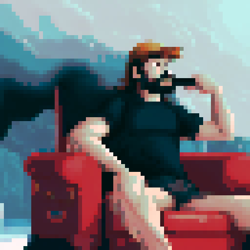 crazy long brown hair, cool guy thinking in his chair, pixel art, sRGB, background landscape