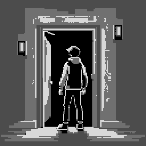 standing figure, vibrant colors, pixelated details, glowing door, luminous aura