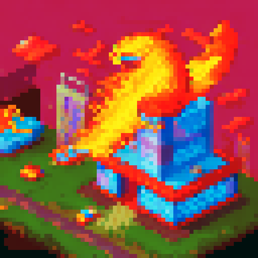 Normal looking character typing on a retro computer at their cubicle, while a fiery phoenix soars above a dragon and a mermaid engaged in a heated conversation in different corners of the office; in the backdrop, an isometric elevator stands tall against the pixelated cityscape