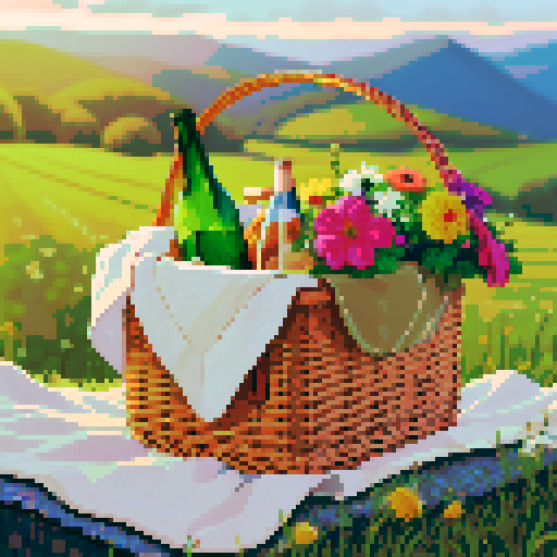picnic basket with cloth, bouguet and green glass bottle inside